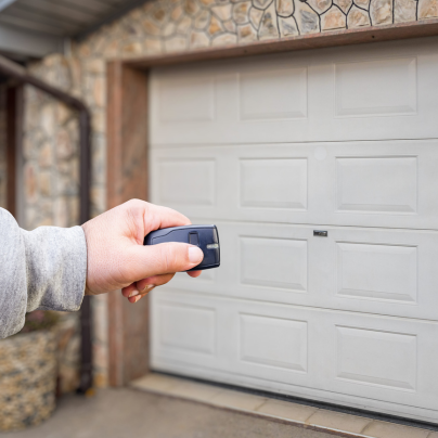  security key fob pointing to a garage door